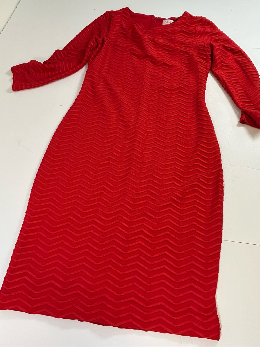Calvin Klein Red Long-Sleeve Chevron Textured Sheath Dress